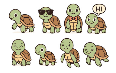 Obraz premium Collection of eight cartoon turtle characters with walking and crawling poses, emotions and accessories. Flat kawaii vector illustration on white background.