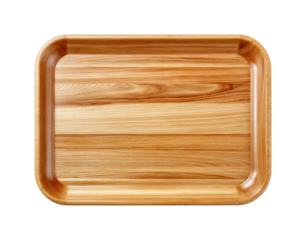 Elegant wooden tray displaying natural grain patterns home minimalist style top view isolated on transparent background, png