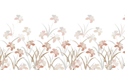 Watercolor floral border with delicate pink and white flowers and subtle green foliage on a white background