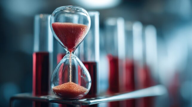 Focused medium shot capturing an hourglass delicately balanced inside a blood test tube highlighting critical time windows in healthcare with blurred surrounding elements for