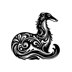 Black and white illustration of a borzoi dog with ornate swirling patterns
