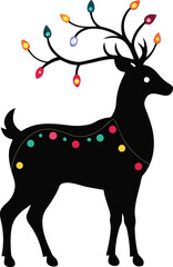 Christmas reindeer silhouette with colorful lights isolated on white background silhouette
