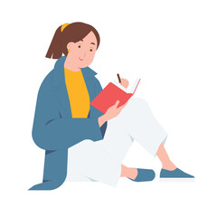 Young woman seated on the floor learning, reading, writing, journalist in book with pen concept illustration