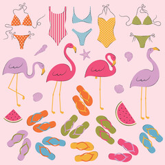 Vector set with summer elements. Colorful swimwears, various pink sea shells, slices of watermelon, flamingos and flip flops.
