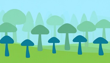 Fototapeta premium Simple stylized forest scene with mushrooms and trees.