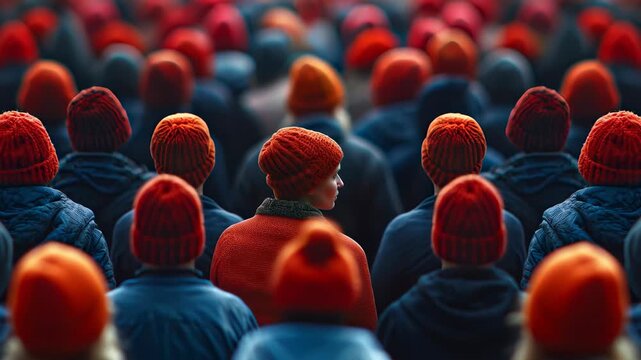 A sea of individuals adorned in red hats, united as one, exuding vibrancy and community spirit, showcasing the power of collective enthusiasm and shared purpose.