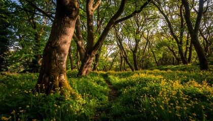 Fototapeta premium Sunlight streams through a woodland path filled with wildflowers