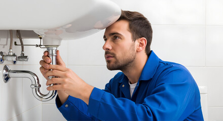 Technician under sink working with chrome fixtures and shadows, installing pipes and fixing plumbing issues. Technician under sink repairing drain system,