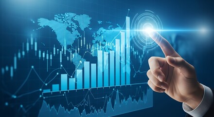 Global Financial Growth Projection with Hand Pointing at Rising Stock Chart Data Visualization for Business Analysis and Investment Strategy