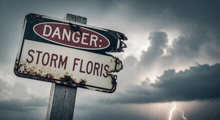 Weathered warning sign under stormy sky indicates impending Storm Floris, conveying imminent danger. Facing a Storm Floris is serious, so a weathered warning sign warns people to be safe,
