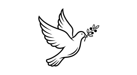 A stylized black outline of a flying dove carrying an olive branch in its beak.