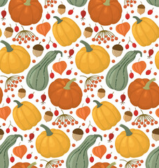 Seamless cozy pattern with pumpkins, acorns and berries. Autumn background with cute colorful elements