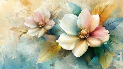 Vintage Abstract Floral Background with Large Pastel Flowers, Hand-Painted Oil Painting Wall Art for Home Decor
