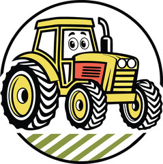 Fototapeta premium Cartoon Yellow Tractor Illustration – Friendly Farm Vehicle with Expressive Eyes in Circular Field Background