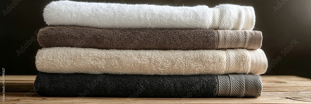 Aufkleber elegant display of four soft, absorbent towels folded neatly on rustic wooden platform background
