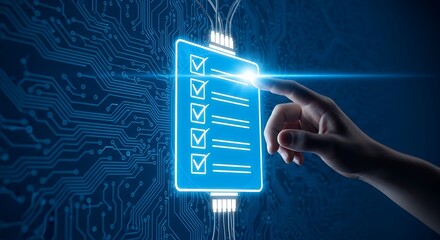 Hand Interacting with Digital Checklist on Circuit Board Background  Technology Data Analysis and Modern Interface Concept