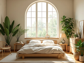 Cozy bedroom with a large arched window wooden bed and lush green plants isolated on white background