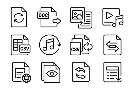 File Conversion Icons. Line style icons of file conversion tools: convert file format icon, DOC to PDF badge, image to text OCR,