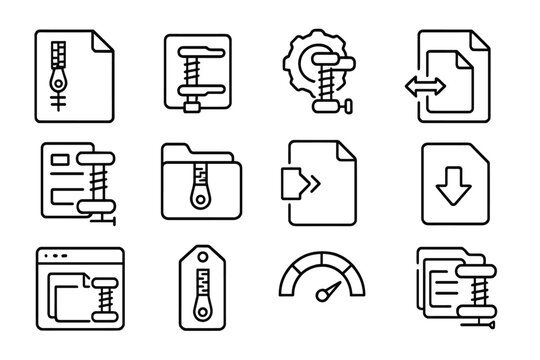 File Compression Icons. Line style icons of file compression: zip file icon, compress button tag, extraction tool badge, file