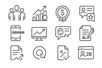 Business Metrics Icons. Line style icons of traction proof: user count growth, sales milestone chart, monthly revenue badge, app