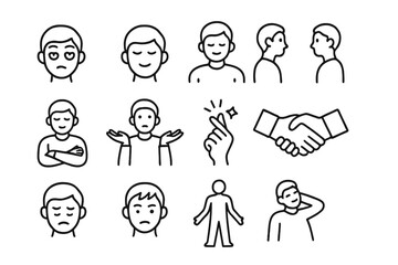 Non-Verbal Icons. Line style icons of non-verbal communication: eye roll, nodding, shrugging, eye contact, crossed arms, open