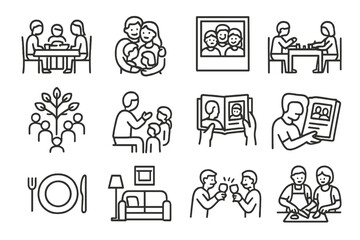 Family Gathering Icons. Line style icons of family gathering: shared meal, hugging family, group photo, games on table, family