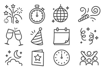 New Year's Celebration Icons. Line style icons of New Year&rsquo;s Eve: midnight fireworks, countdown timer, disco ball, party horn,