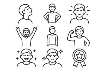 Icons of Confidence. Line style icons of pride and confidence: raised chin, confident stance, arms on hips, head held high,