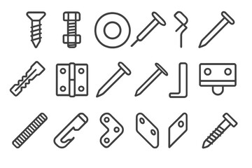 Fototapeta premium Line Style Fasteners. Line style icons of fasteners and parts: screw icon, bolt and nut, washer ring, rivet symbol, wall anchor,