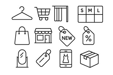 Fashion Shopping Icons. Line style icons of fashion shopping: clothes hanger icon, online cart, dressing room, size chart icon,