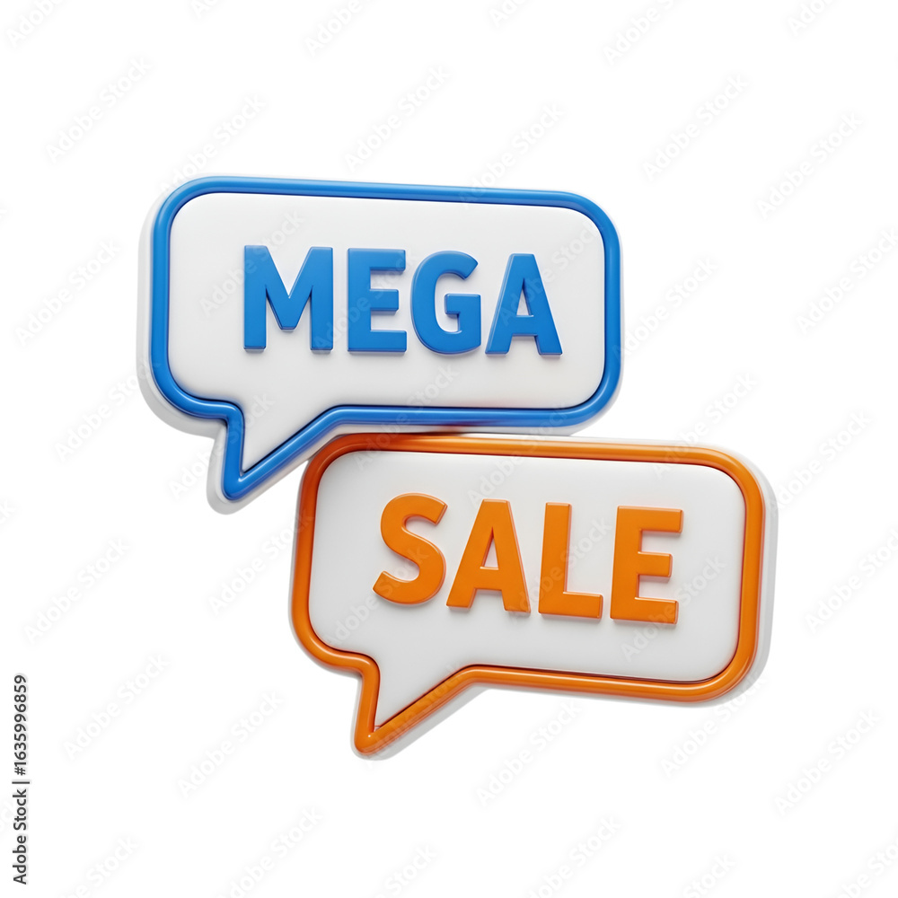 Poster 3d render sales icon - 3d icon of mega sale announcement with text in speech bubbles, isolated on tr