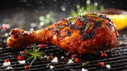Elegant photo of spicy chicken leg on grill with spices and herbs.