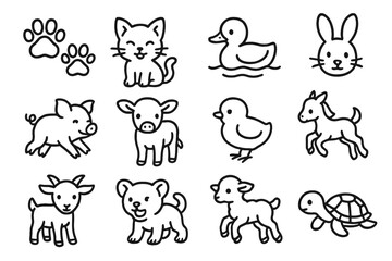 Baby Animal Icons. Line style icons of baby animals: puppy paws, kitten meow, duckling swim, bunny nose, piglet run, calf icon,