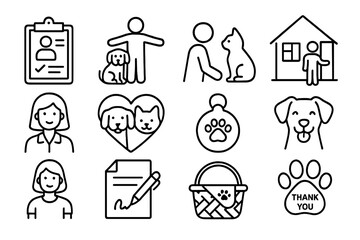 Pet Adoption Icons. Line style icons of pet adoption process: application form, adoption day icon, meet the pet, home visit icon,