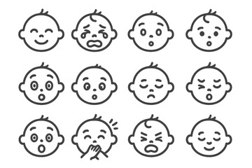 Baby Emotions Icons. Line style icons of baby emotions and expressions: baby smile, crying baby, surprised face, sleepy baby,