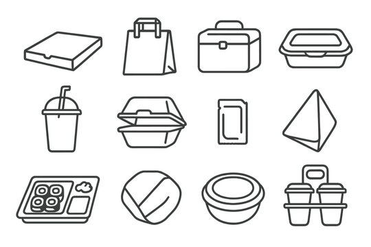 Food Packaging Icons. Line style icons of food delivery packaging: pizza box, takeaway bag, insulated delivery box, meal container