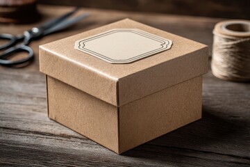 Brown kraft paper box with blank label, on rustic wooden surface, for gifts.