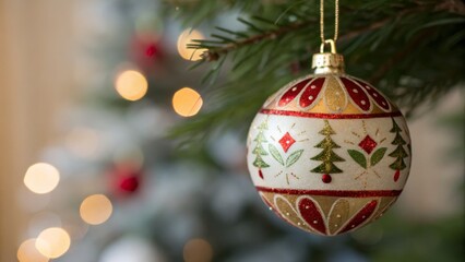 A festive Christmas ornament hangs on a tree branch, surrounded by soft, glowing lights, creating a warm holiday atmosphere.