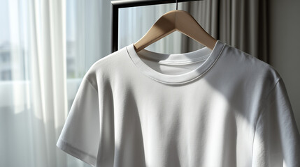 White cotton tee on a clean hanger against seamless light gray, soft shadow showing fabric knit and neckline stitch details.