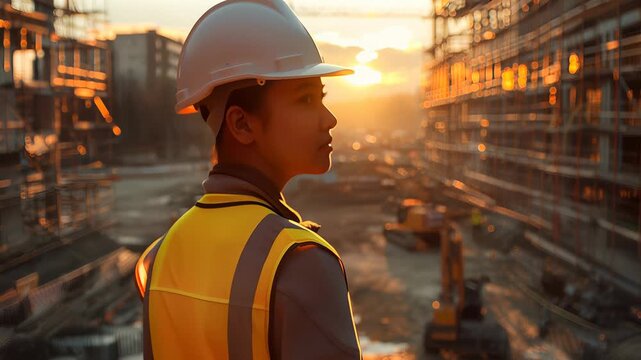 A construction worker in a safety vest stands at sunset overlooking a building site, symbolizing hard work, commitment, and the promise of creation and development in urban environments.