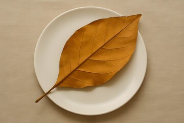 A Single Dried Teak Leaf Placed Diagonally on a Clean White Plate — Symbol of “Nature Visiting the Human Table”_1