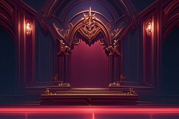 Dark red and gold throne room with empty stage, fantasy game concept art style, low-poly aesthetic, suitable for game settings, scene design, virtual worlds