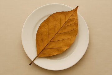 A Single Dried Teak Leaf Placed Diagonally on a Clean White Plate — Symbol of “Nature Visiting the Human Table”_4