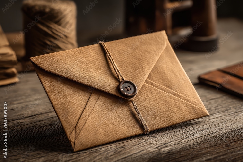 Aufkleber rustic kraft paper envelope with twine and button on a wooden table.