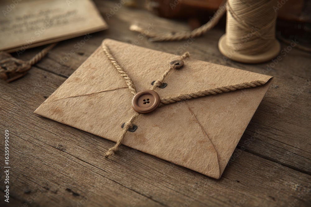 Poster a vintage textured envelope secured with twine and a wooden button on a rustic table.