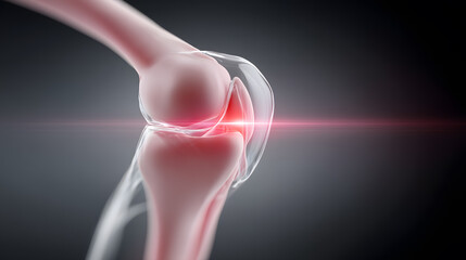 3D rendering of human knee joint with highlighted pain area. Perfect for medical, orthopedic, and health visuals.