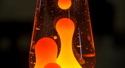 Close up of a retro lava lamp with orange wax floating in clear liquid