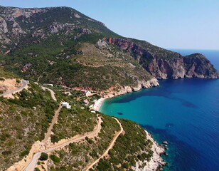Coastal landscape, winding road, turquoise bay