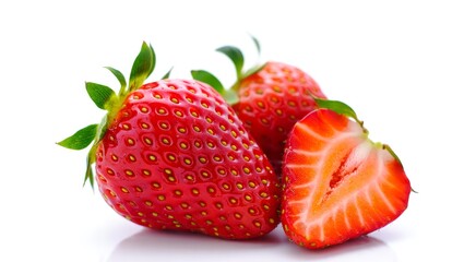 Fresh Juicy Strawberries: Close-up Studio Shot of Ripe Red Berries, One Sliced, Isolated on White Background.