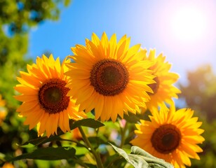 Obraz premium Bright sunflowers against a bright blue sky